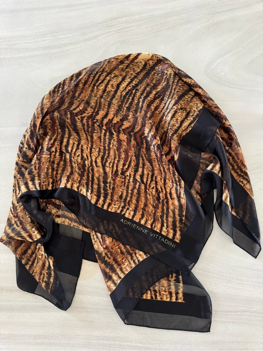Adrienne Vittadini Tiger-Print Silk Scarf in Brown and Black